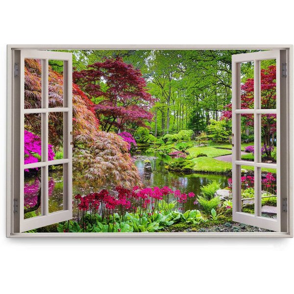 Sinus Art Leinwandbild Wandbild 120x80cm Fensterbild Japanischer Garten Grün Natur Park Teich, (1 St)