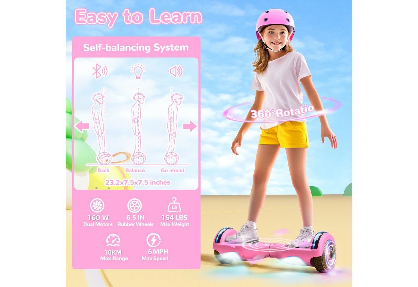SISIGAD Balance Scooter 6,5 Zoll Dualmotorräder, Hoverboard mit LED-Licht, Smart Bluetooth, Hoverboard mit LED Lichter Bluetooth,Geschenk für Kinder – Bild 5 von 5