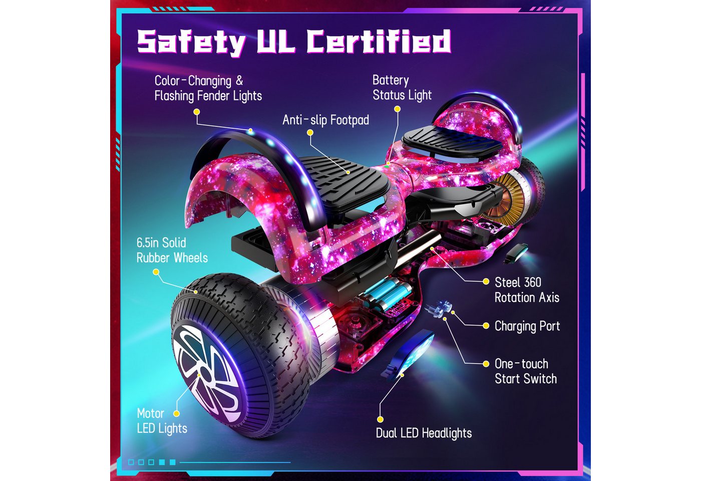SISIGAD Balance Scooter 6,5 Zoll Dualmotorräder, Hoverboard mit LED-Licht, Smart Bluetooth, Hoverboard mit LED Lichter Bluetooth,Geschenk für Kinder – Bild 5 von 5