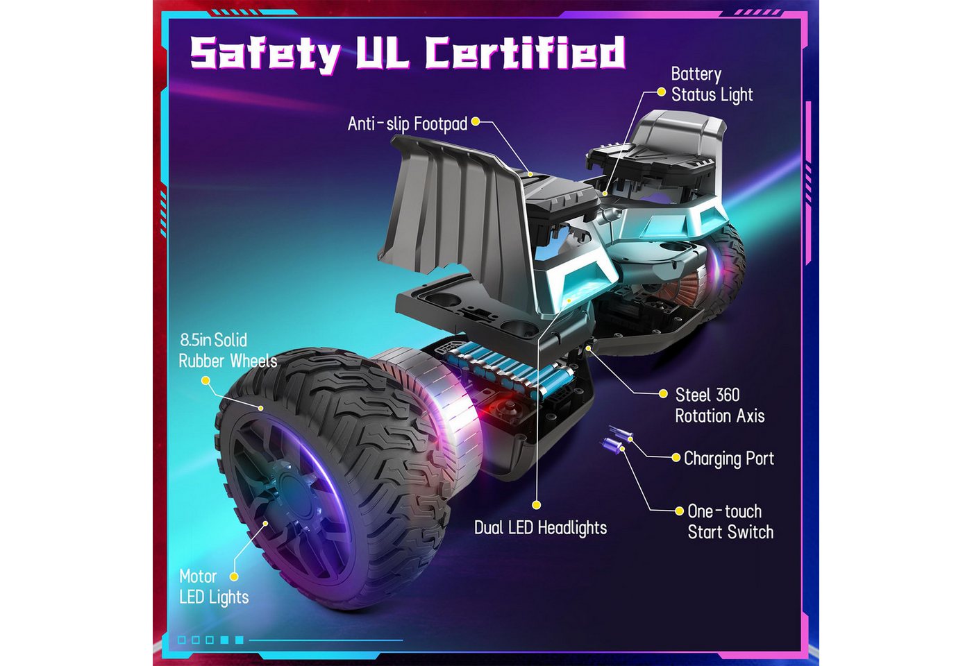 SISIGAD Balance Scooter 8,5 Zoll Zweimotoren Hoverboard mit LED-Leuchten und Bluetooth, 160W*2, 10 km/h, bis zu 15 km Reichweite, für Kinder und Erwachsene – Bild 5 von 5