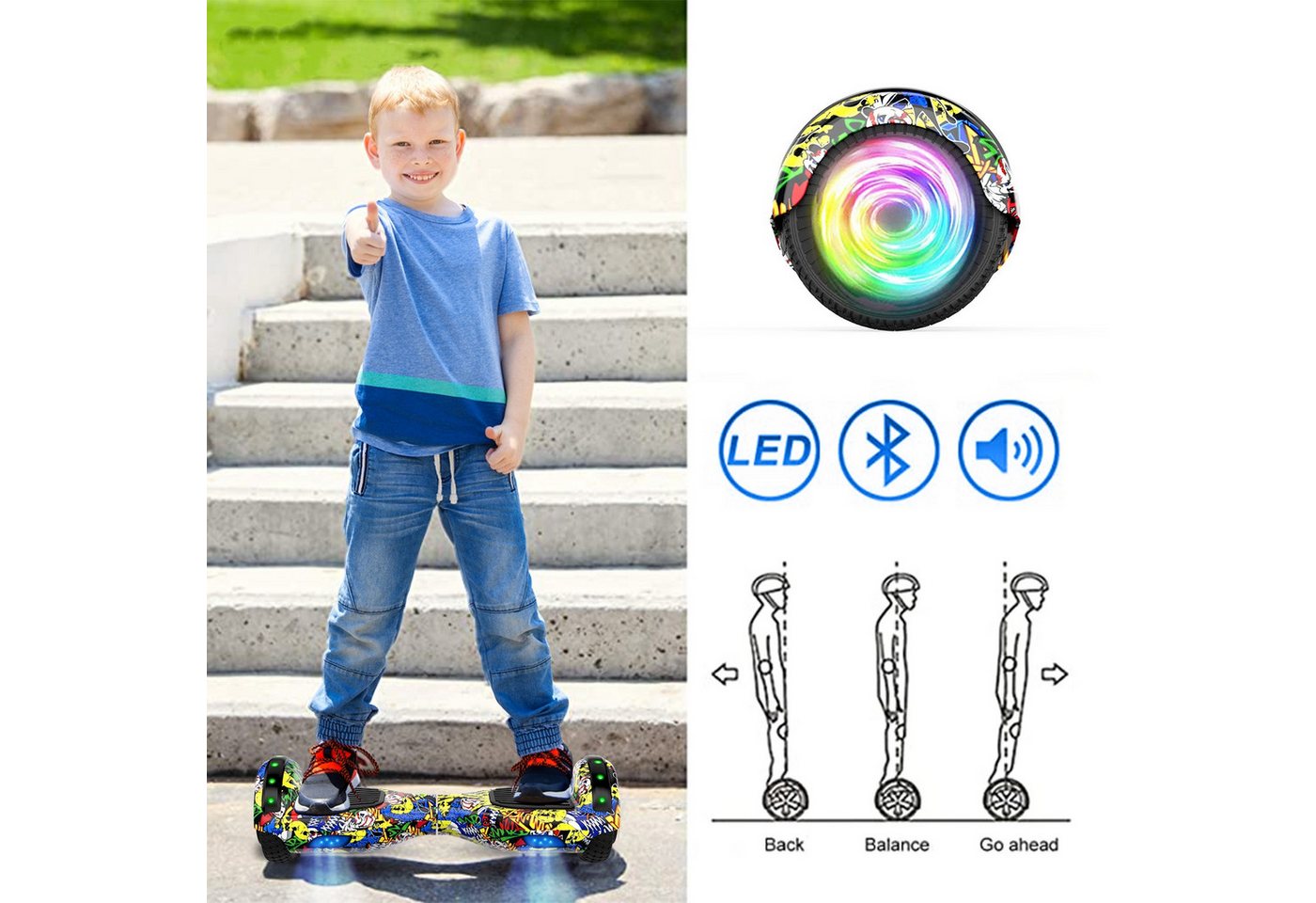 SISIGAD Balance Scooter Kart Set, 6,5'' Hoverboard mit kart,LED, Bluetooth, 8 km/h, 160W, Hoverboards mit Sitz, bis zu 7-8km,Geschenke für Kinder – Bild 2 von 5