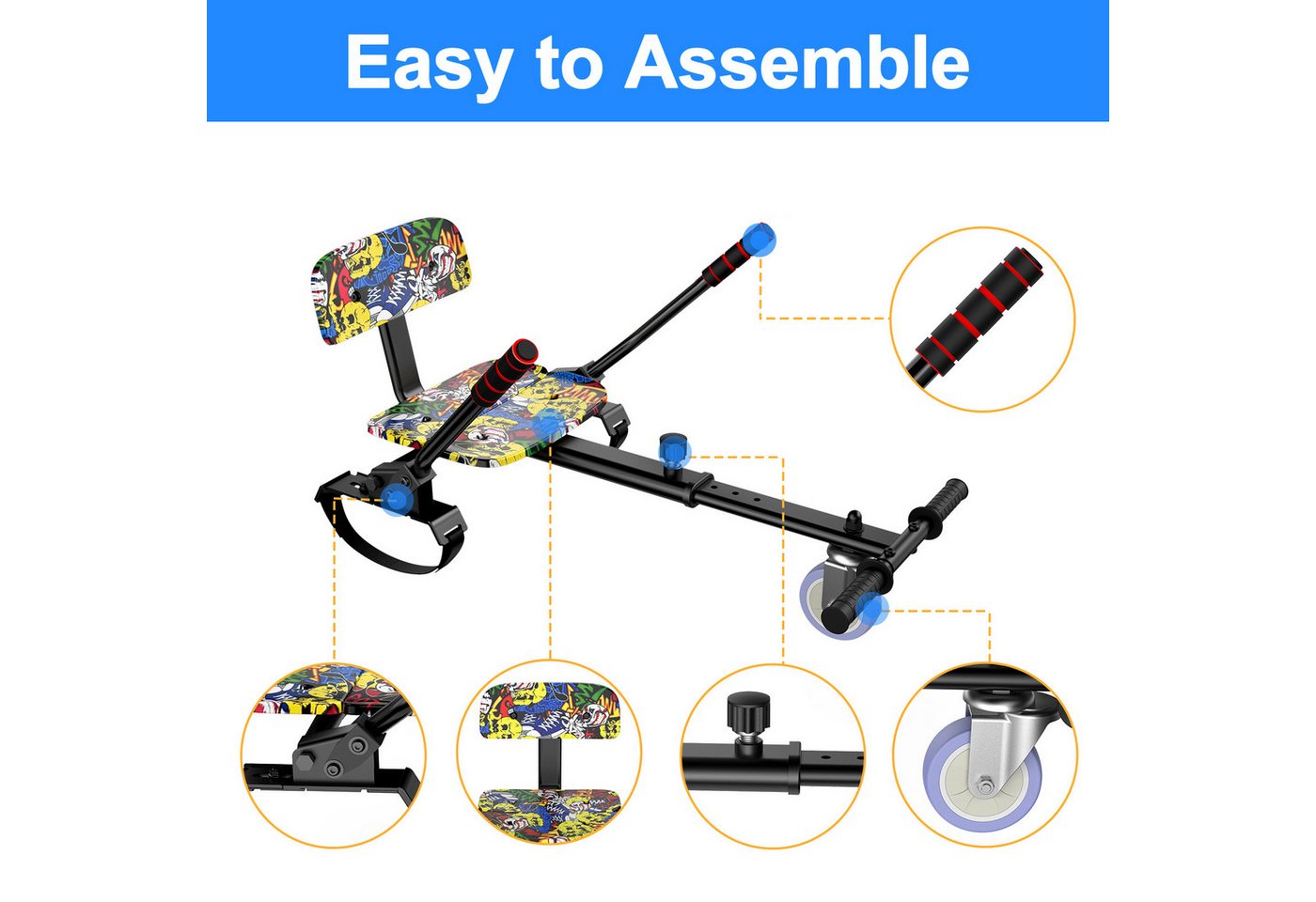 SISIGAD Balance Scooter Kart Set, 6,5'' Hoverboard mit kart,LED, Bluetooth, 8 km/h, 160W, Hoverboards mit Sitz, bis zu 7-8km,Geschenke für Kinder – Bild 3 von 5