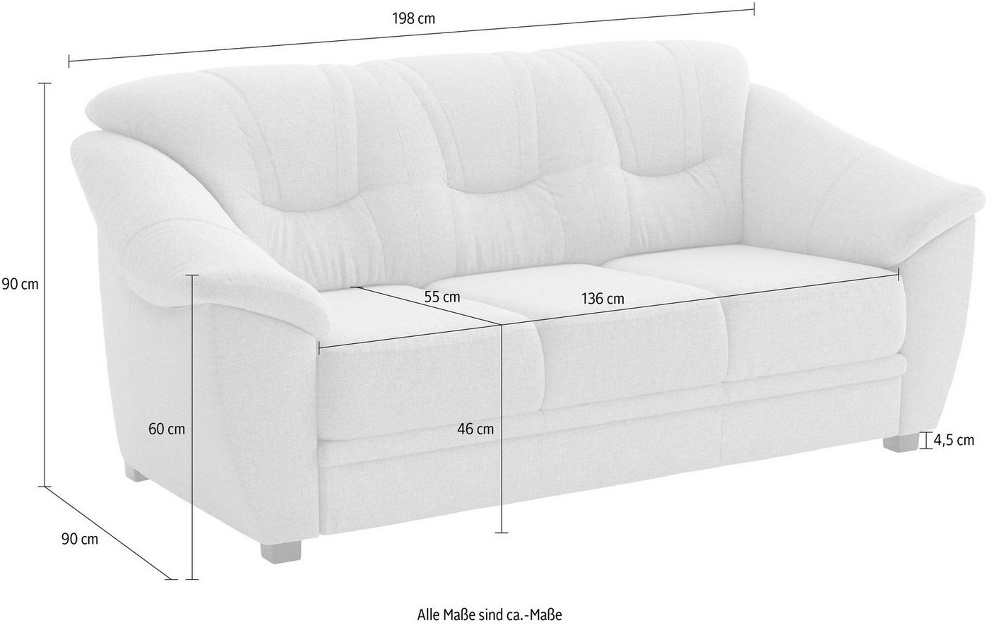 sit&more 3-Sitzer Savona, B: 198 cm, Federkern, Komfortsitzhöhe 46 cm, optional Schlaffunktion, Liegefläche 190x137cm, Stoff- & Lederauswahl – Bild 5 von 5