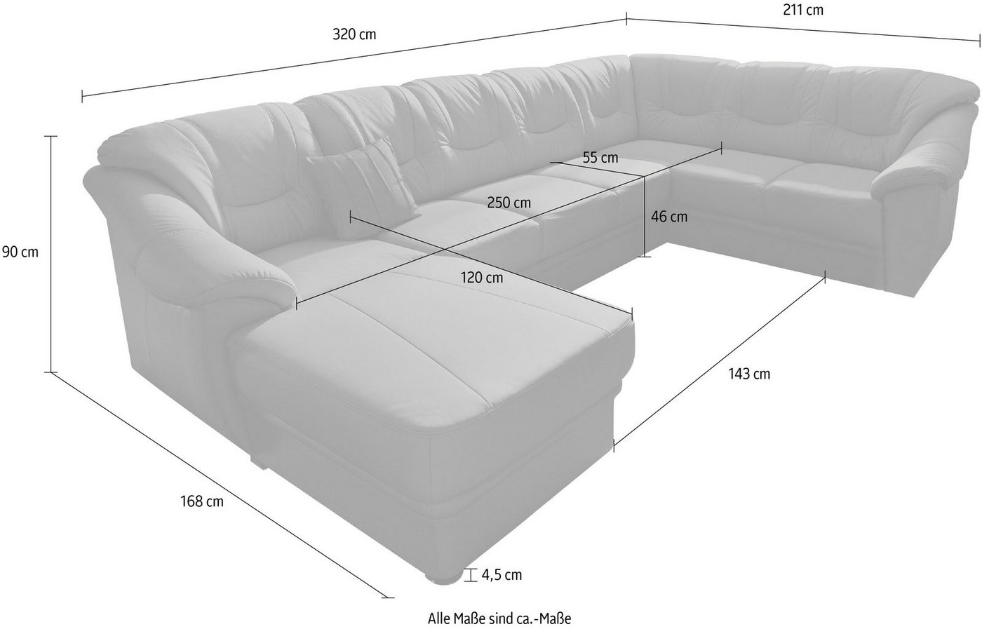 sit&more Wohnlandschaft Savona, U-Form, B: 320 cm, Bettfunktion wählbar, Federkern-Polsterung, Komfortable Sitzhöhe 46 cm, Liegefläche 120 x 250 cm bei Bettfunk – Bild 5 von 5