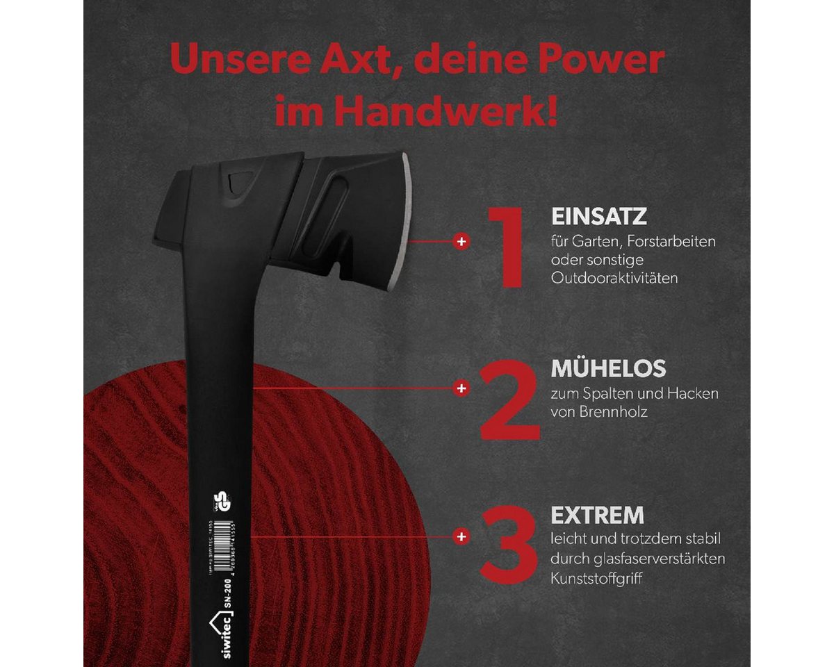 siwitec Axt Nylonaxt SN-200, 2000 Gramm Kopfgewicht inkl. Schnittschutz, 2140 g, (Unterschiedliche Kopfgewichte), GS-Zeritfizierung für maximale Arbeitssicherhe – Bild 3 von 5