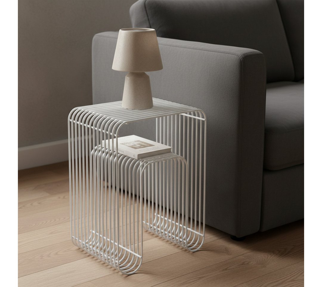 skølm Beistelltisch Vali als Hocker oder Bücherregal nutzbar (weiß), Couchtisch aus Metall, offenes Gitterdesign, Ablageregal 39x34x49 cm – Bild 2 von 5