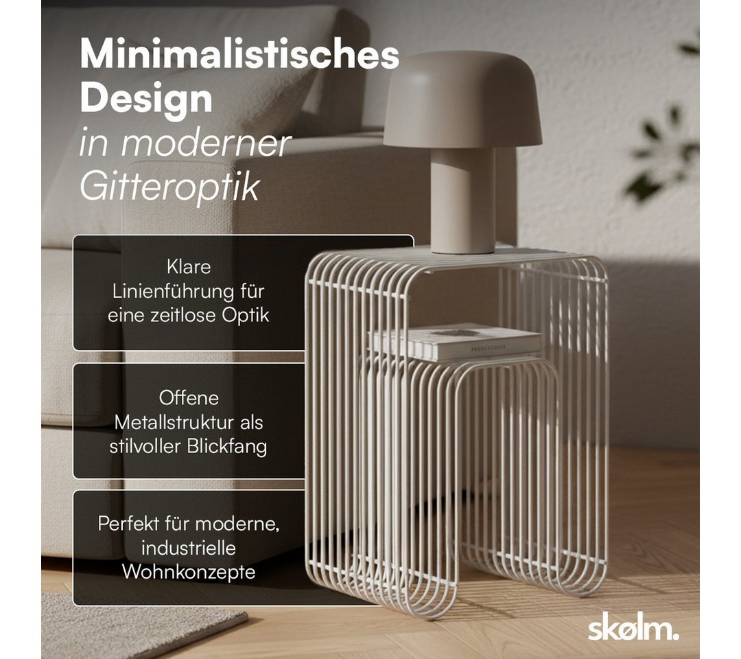 skølm Beistelltisch Vali als Hocker oder Bücherregal nutzbar (weiß), Couchtisch aus Metall, offenes Gitterdesign, Ablageregal 39x34x49 cm – Bild 3 von 5