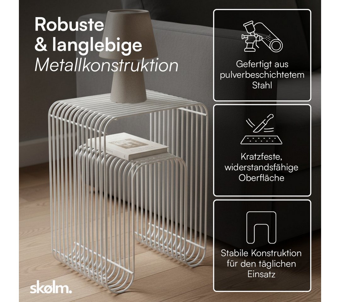 skølm Beistelltisch Vali als Hocker oder Bücherregal nutzbar (weiß), Couchtisch aus Metall, offenes Gitterdesign, Ablageregal 39x34x49 cm – Bild 4 von 5