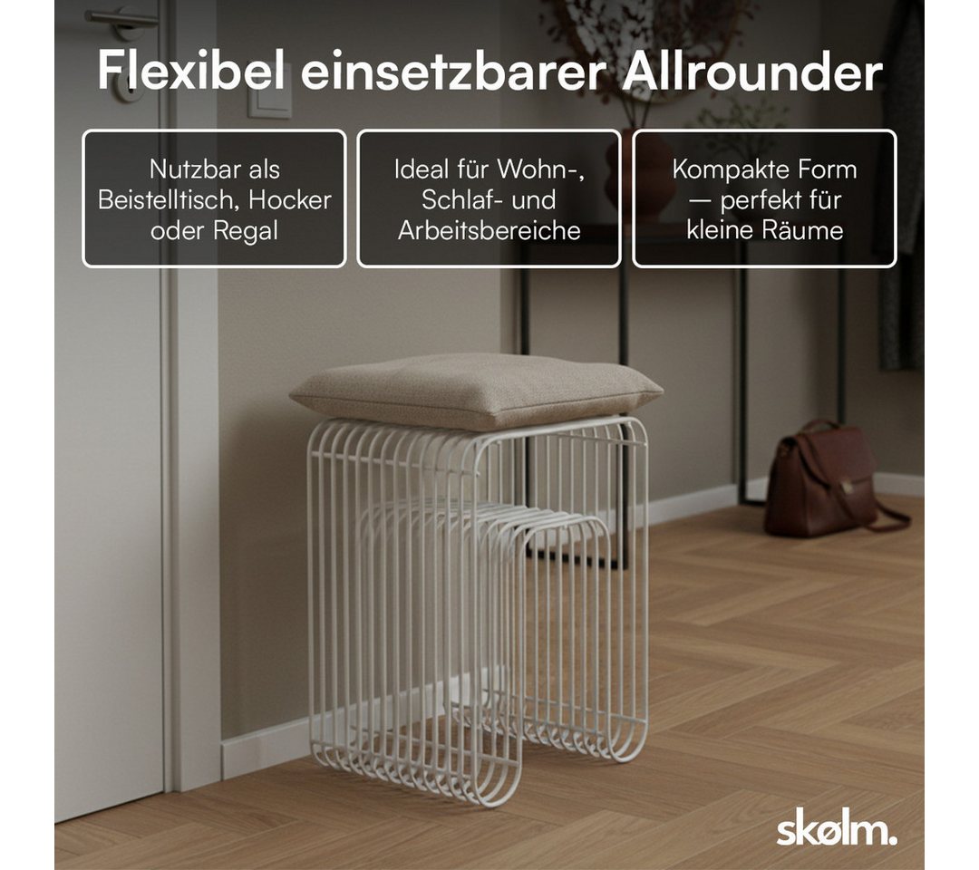 skølm Beistelltisch Vali als Hocker oder Bücherregal nutzbar (weiß), Couchtisch aus Metall, offenes Gitterdesign, Ablageregal 39x34x49 cm – Bild 5 von 5