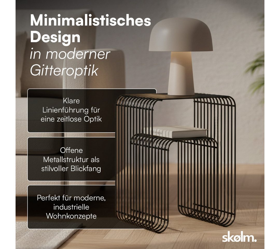 skølm Beistelltisch Vali als Hocker oder Bücherregal nutzbar (schwarz), Couchtisch aus Metall, offenes Gitterdesign, Ablageregal 39x34x49 cm – Bild 3 von 5