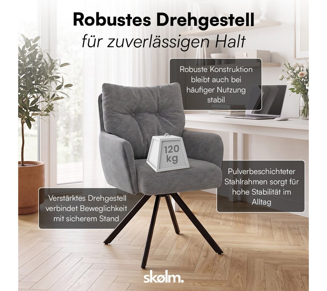 skølm Esszimmerstuhl Arvakr, Armlehnstuhl mit Metallgestell, 360° drehbar, gepolstert (Dunkelgrau, 4 St), Drehstuhl aus Leinen/Samt, Polsterstuhl bis 120 kg – Bild 3 von 5