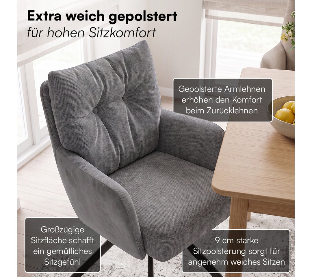 skølm Esszimmerstuhl Arvakr, Armlehnstuhl mit Metallgestell, 360° drehbar, gepolstert (Dunkelgrau, 4 St), Drehstuhl aus Leinen/Samt, Polsterstuhl bis 120 kg – Bild 5 von 5