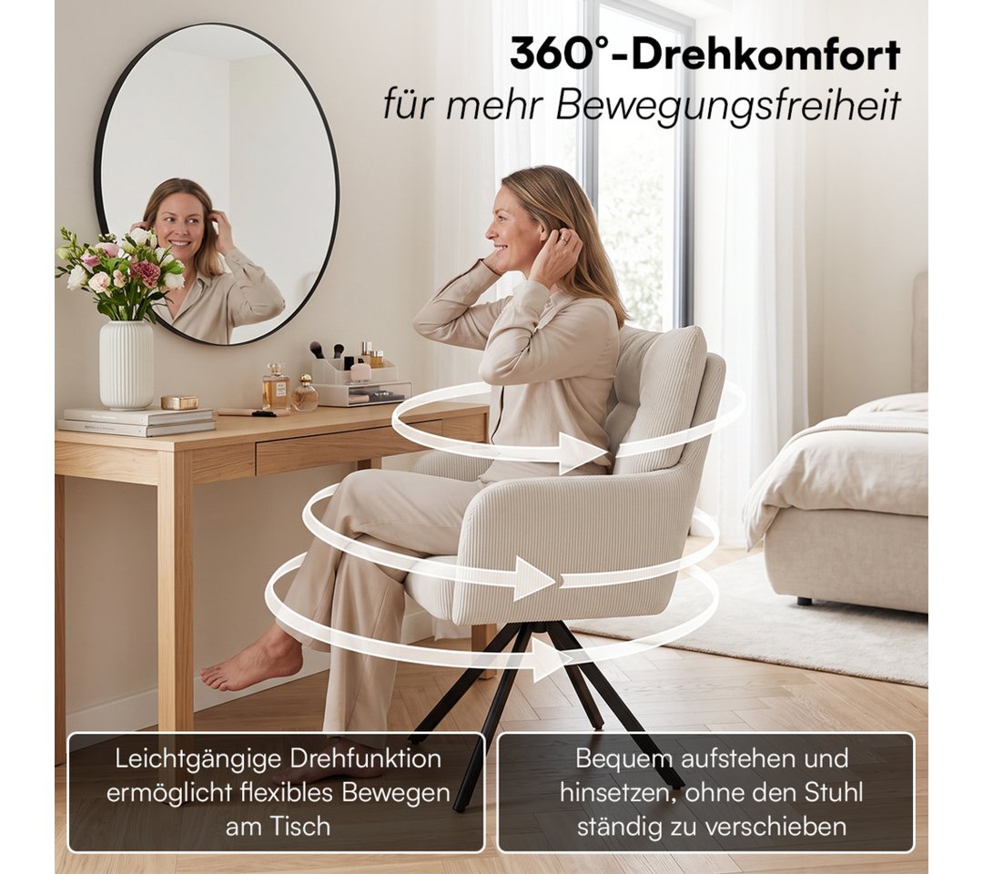 skølm Esszimmerstuhl Arvakr, Armlehnstuhl mit Metallgestell, 360° drehbar, gepolstert (Creme weiß, 6 St), Drehstuhl aus Cord, Polsterstuhl bis 120 kg – Bild 2 von 5