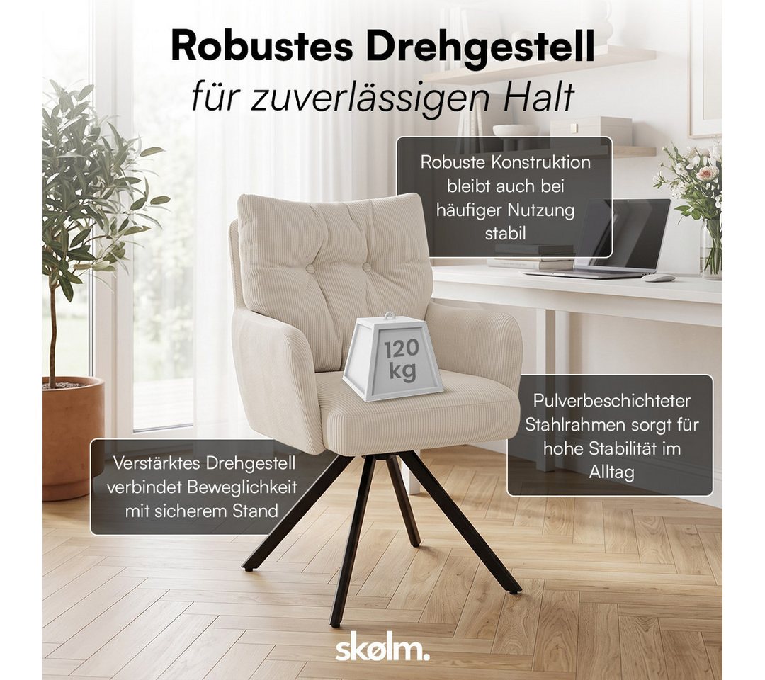 skølm Esszimmerstuhl Arvakr, Armlehnstuhl mit Metallgestell, 360° drehbar, gepolstert (Creme weiß, 6 St), Drehstuhl aus Cord, Polsterstuhl bis 120 kg – Bild 3 von 5