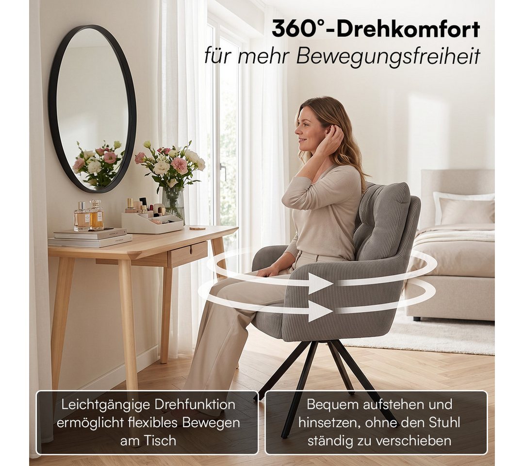 skølm Esszimmerstuhl Arvakr, Armlehnstuhl mit Metallgestell, 360° drehbar, gepolstert (Macchiato, 2 St), Drehstuhl aus Cord, Polsterstuhl bis 120 kg – Bild 2 von 5