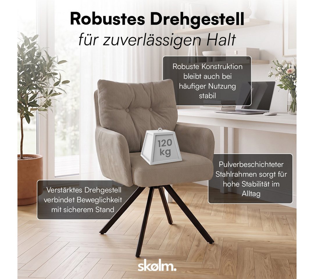 skølm Esszimmerstuhl Arvakr, Armlehnstuhl mit Metallgestell, 360° drehbar, gepolstert (Macchiato, 2 St), Drehstuhl aus Cord, Polsterstuhl bis 120 kg – Bild 3 von 5