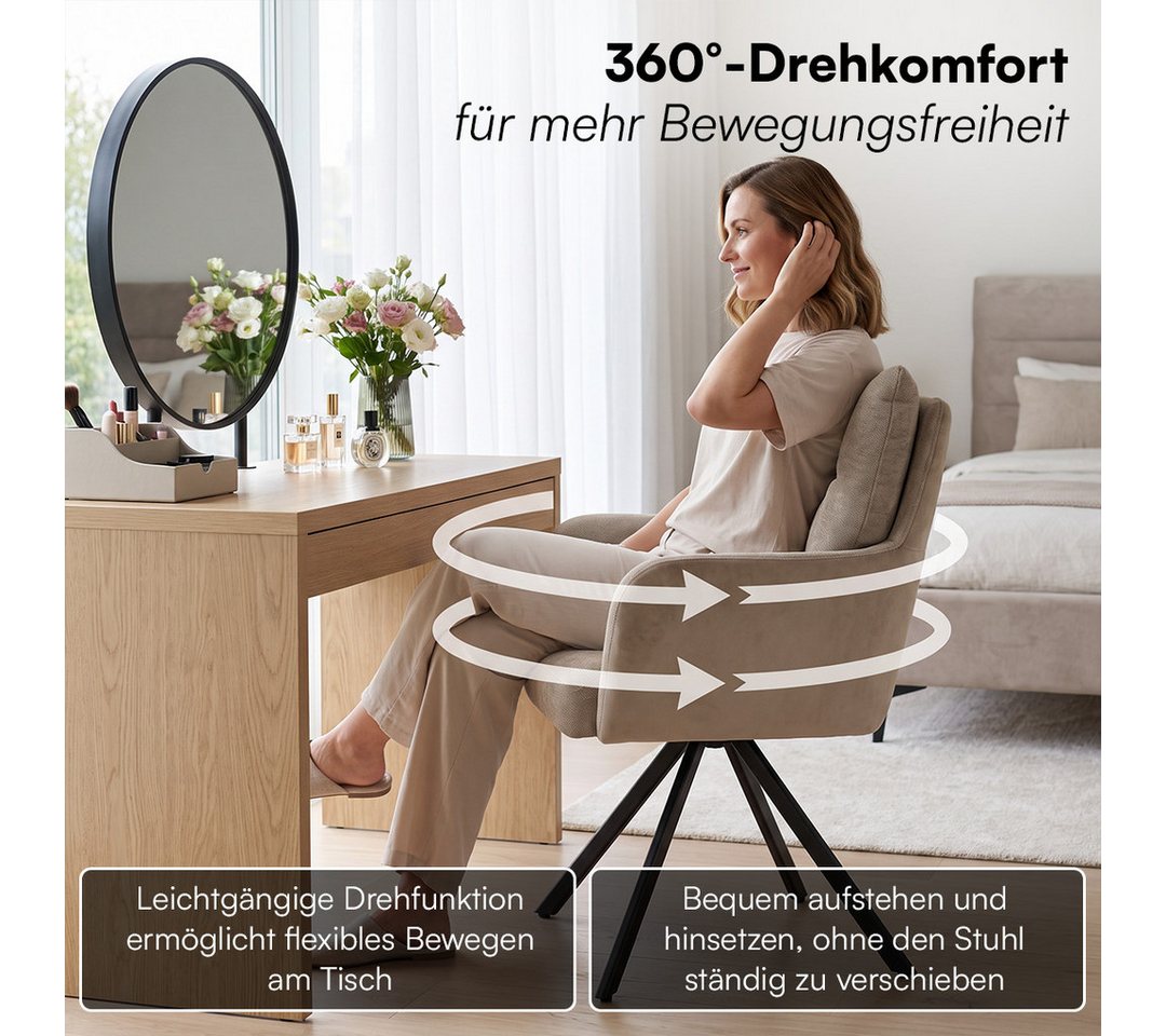 skølm Esszimmerstuhl Arvakr, Armlehnstuhl mit Metallgestell, 360° drehbar, gepolstert (Hellbraun, 6 St), Drehstuhl aus Leinen/Samt, Polsterstuhl bis 120 kg – Bild 2 von 5
