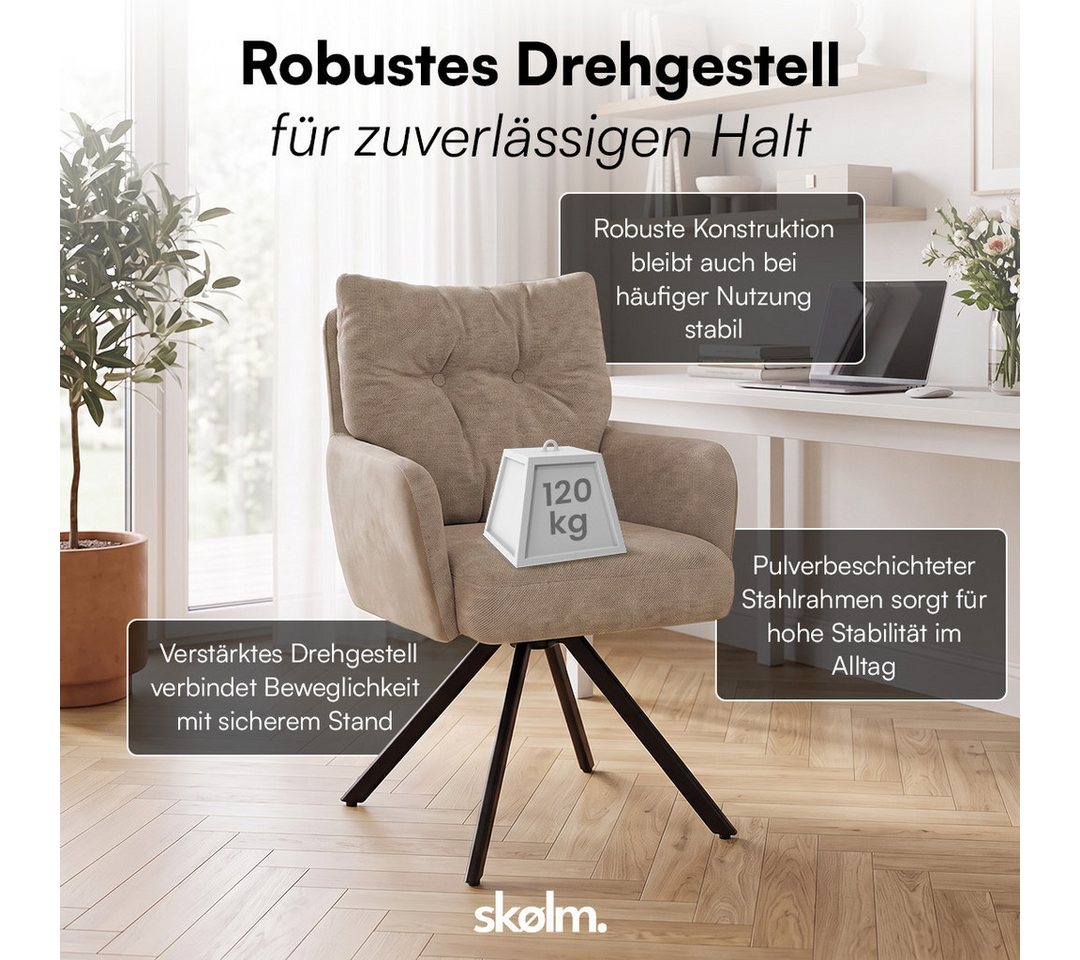 skølm Esszimmerstuhl Arvakr, Armlehnstuhl mit Metallgestell, 360° drehbar, gepolstert (Hellbraun, 6 St), Drehstuhl aus Leinen/Samt, Polsterstuhl bis 120 kg – Bild 3 von 5