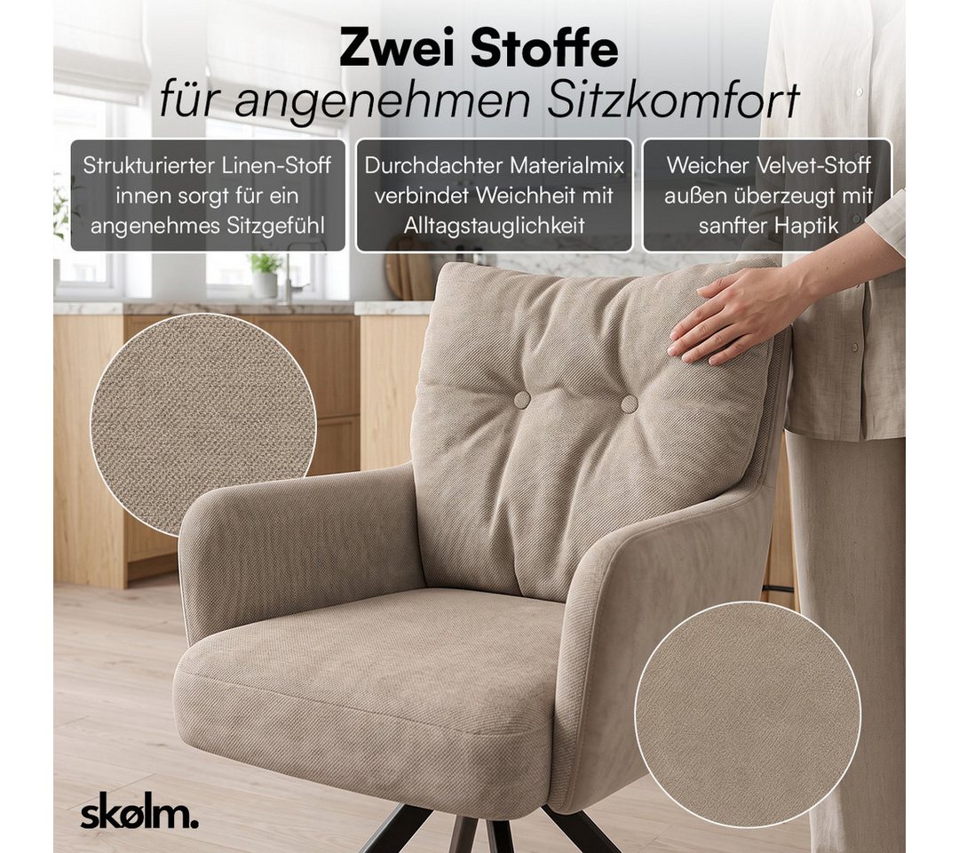 skølm Esszimmerstuhl Arvakr, Armlehnstuhl mit Metallgestell, 360° drehbar, gepolstert (Hellbraun, 6 St), Drehstuhl aus Leinen/Samt, Polsterstuhl bis 120 kg – Bild 5 von 5