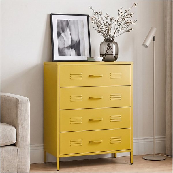 skølm Kommode Atria aus Metall (Senfgelb), Sideboard mit 4 Schubladen, Metallschrank mit höhenverstellbaren Füßen
