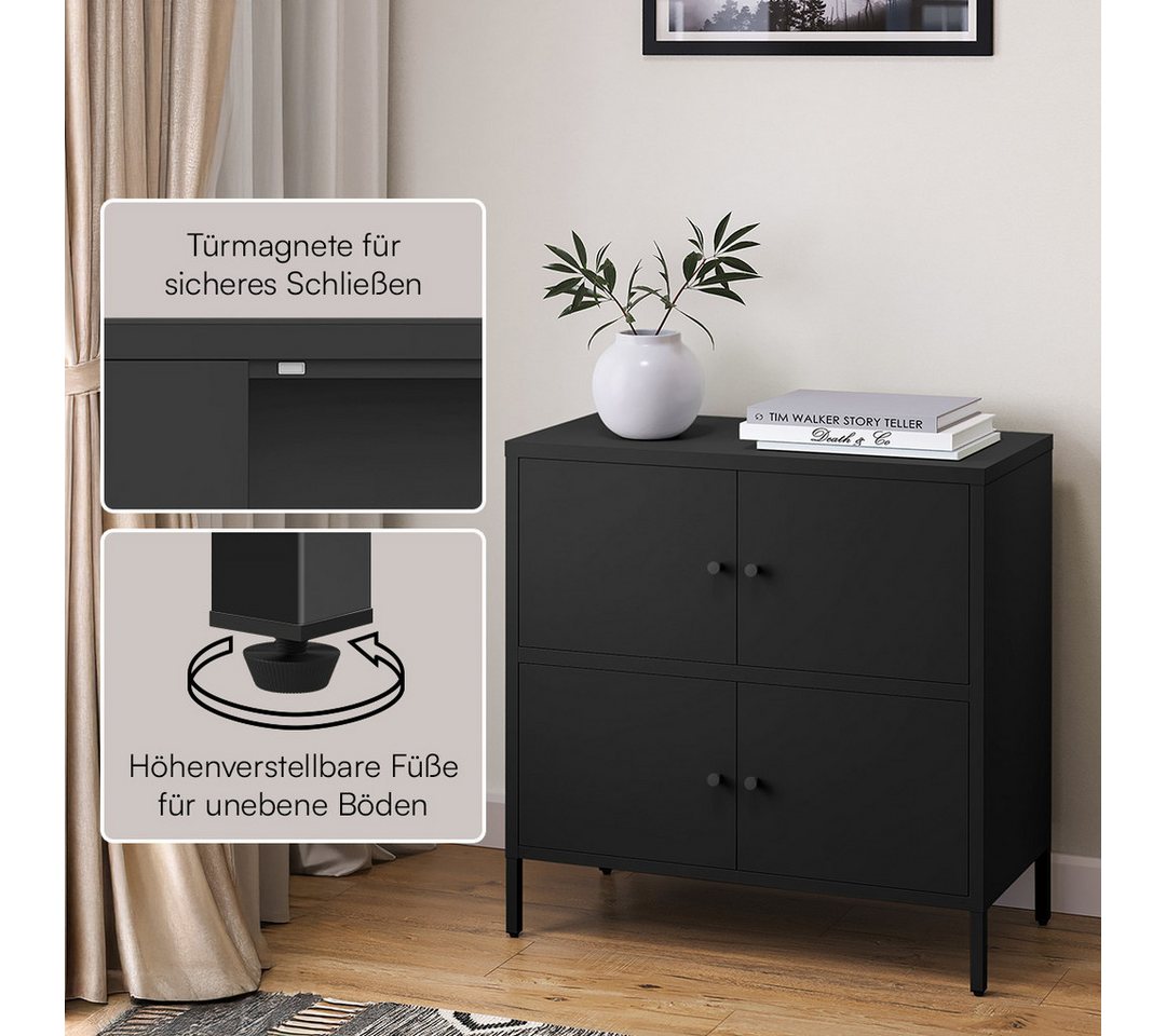 skølm Kommode Atriona aus Metall, Metallschrank mit Türen und Fächern (Schwarz, 2 Fächer & 4 Türen), 81 x 80 x 38 cm, auch mit 3 Fächern – Bild 3 von 5