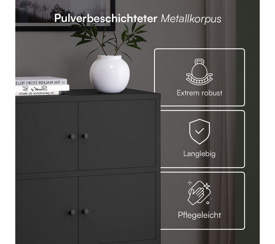 skølm Kommode Atriona aus Metall, Metallschrank mit Türen und Fächern (Schwarz, 2 Fächer & 4 Türen), 81 x 80 x 38 cm, auch mit 3 Fächern – Bild 4 von 5
