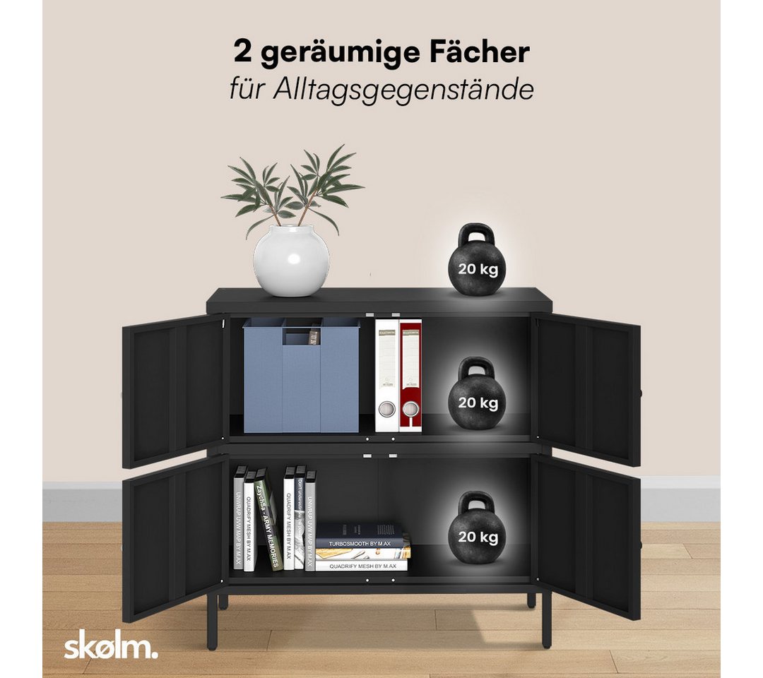 skølm Kommode Atriona aus Metall, Metallschrank mit Türen und Fächern (Schwarz, 2 Fächer & 4 Türen), 81 x 80 x 38 cm, auch mit 3 Fächern – Bild 5 von 5