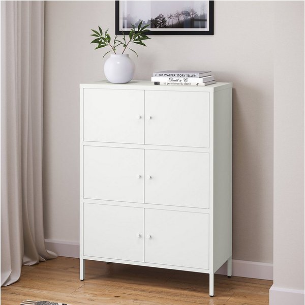 skølm Kommode Atriona aus Metall, Metallschrank mit Türen und Fächern (Weiß, 3 Fächer & 6 Türen), 113,5 x 80 x 38 cm, auch mit 2 Fächern