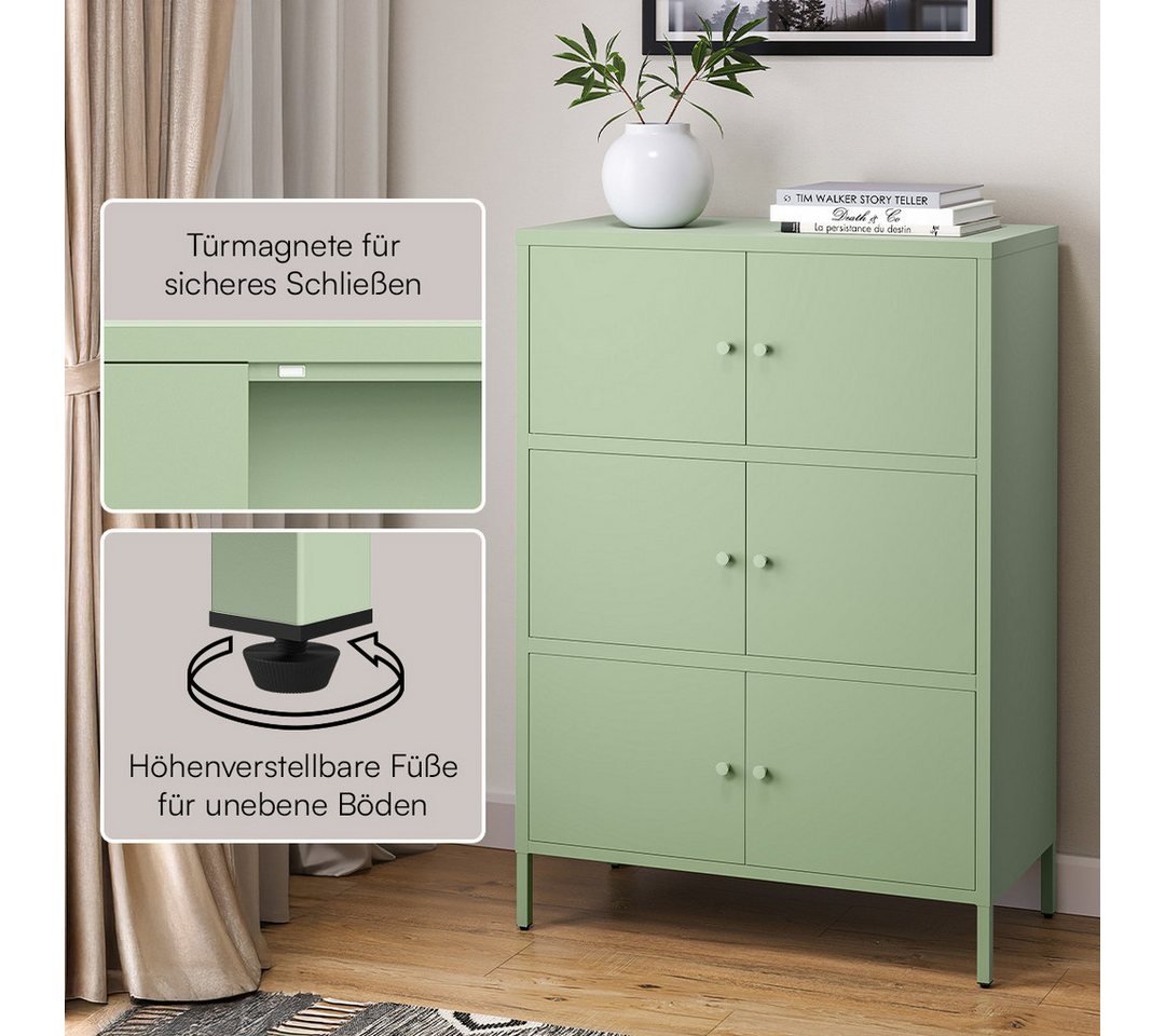 skølm Kommode Atriona aus Metall, Metallschrank mit Türen und Fächern (Mintgrün, 3 Fächer & 6 Türen), 113,5 x 80 x 38 cm, auch mit 2 Fächern – Bild 3 von 5