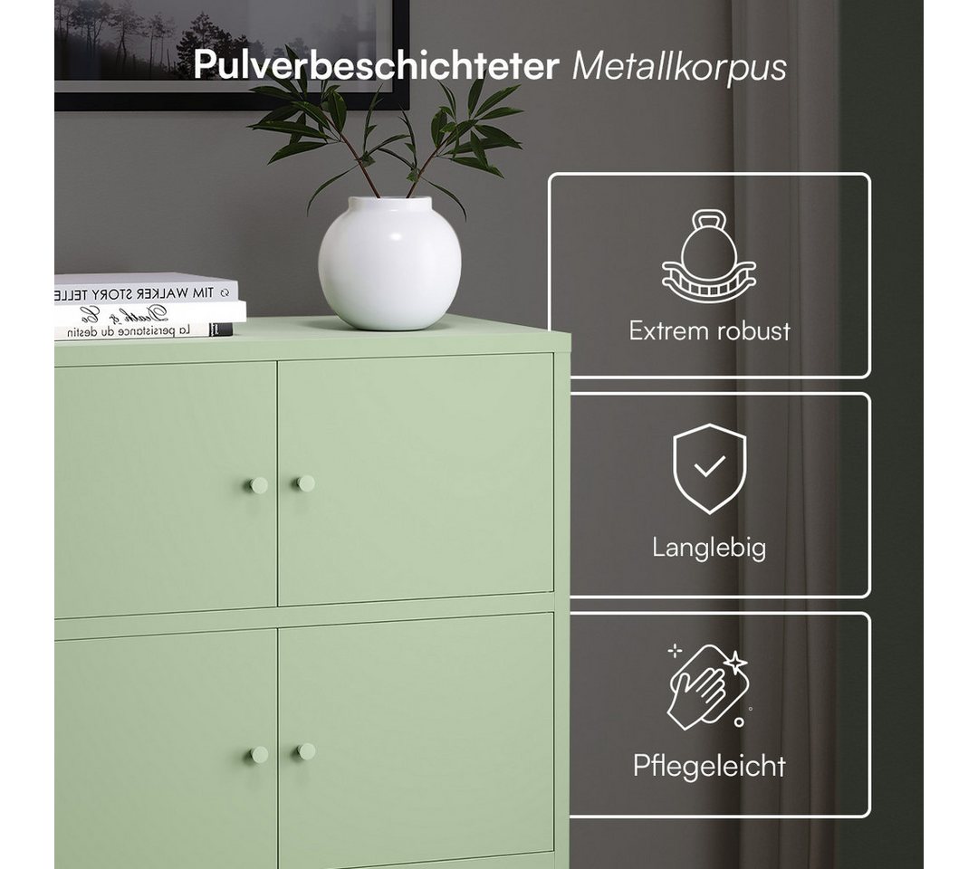 skølm Kommode Atriona aus Metall, Metallschrank mit Türen und Fächern (Mintgrün, 3 Fächer & 6 Türen), 113,5 x 80 x 38 cm, auch mit 2 Fächern – Bild 4 von 5