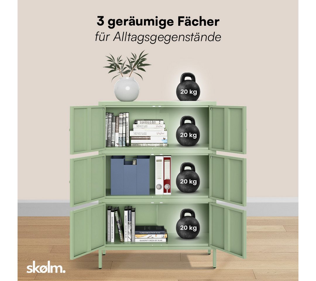 skølm Kommode Atriona aus Metall, Metallschrank mit Türen und Fächern (Mintgrün, 3 Fächer & 6 Türen), 113,5 x 80 x 38 cm, auch mit 2 Fächern – Bild 5 von 5