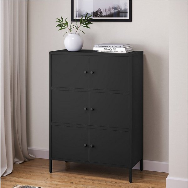 skølm Kommode Atriona aus Metall, Metallschrank mit Türen und Fächern (Schwarz, 3 Fächer & 6 Türen), 113,5 x 80 x 38 cm, auch mit 2 Fächern