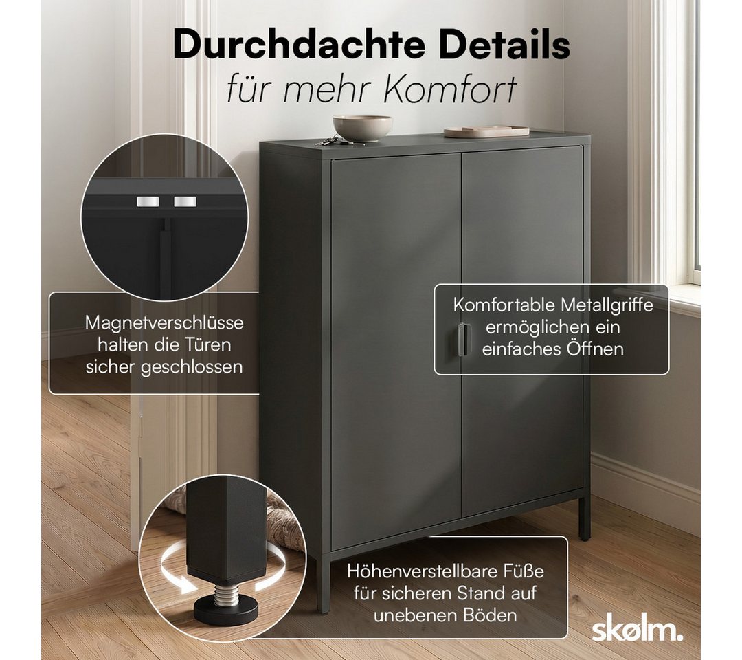 skølm Kommode Ituri aus Metall (Schwarz), Highboard mit 2 Einlegeböden, höhenverstellbare Füße – Bild 3 von 5