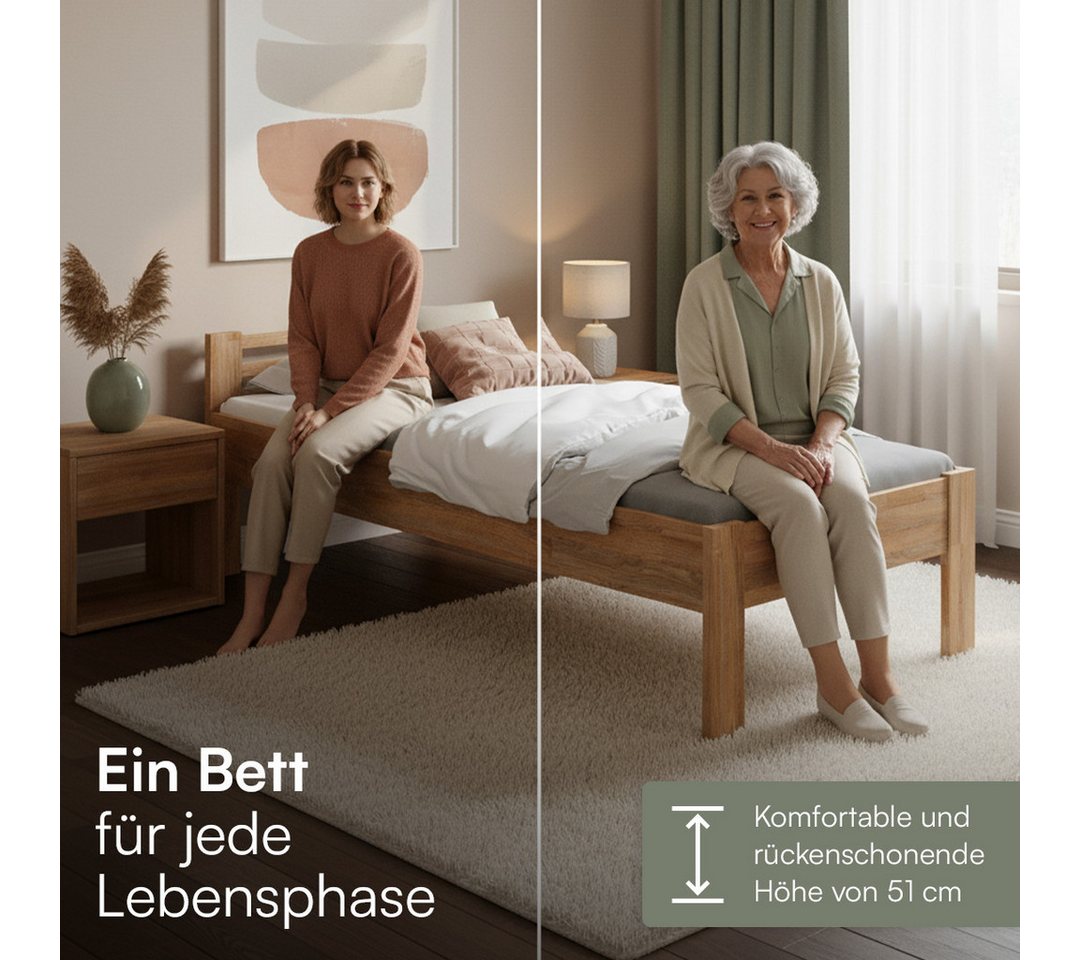 skølm Massivholzbett Fenrir, Seniorenbett mit Komforthöhe 51 cm (90x200 cm), Einzelbettgestell aus Eichenholz geölt, auch verfügbar in 100x200 cm – Bild 4 von 5