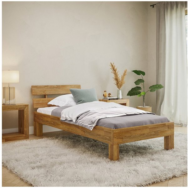 skølm Massivholzbett Floki aus Eiche mit Bettkopf, natur geölt, Einzelbett verfügbar in 90/100 x 200 cm