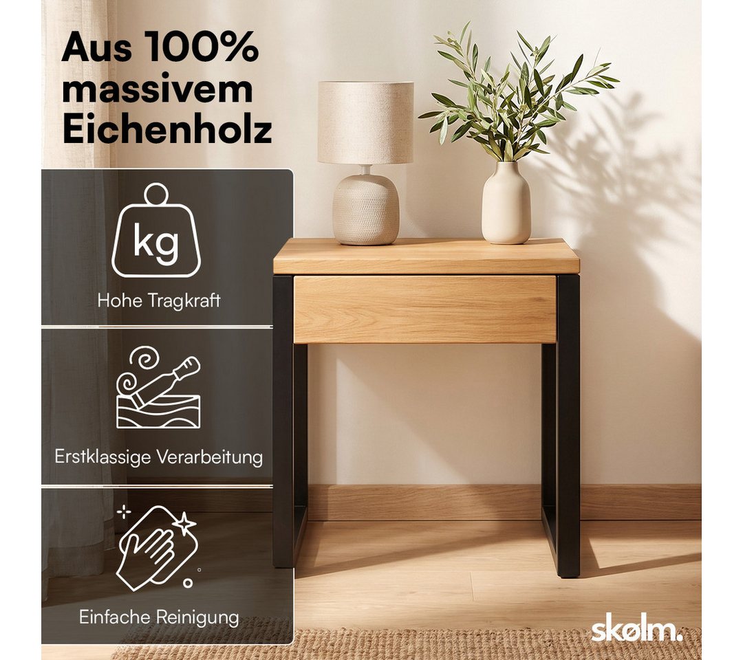 skølm Nachttisch Alver aus Eichenholz (2-St., Eiche/Schwarz), mit Schublade & Metallbeinen – Bild 2 von 5