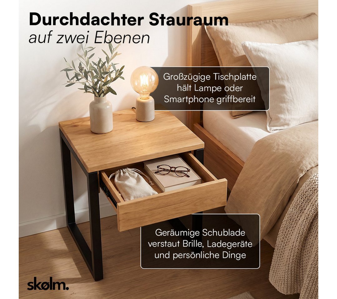 skølm Nachttisch Alver aus Eichenholz (2-St., Eiche/Schwarz), mit Schublade & Metallbeinen – Bild 4 von 5