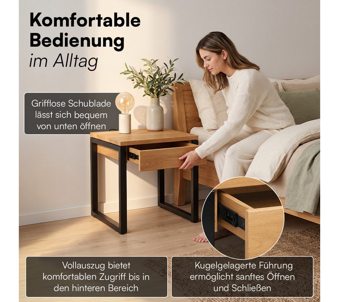 skølm Nachttisch Alver aus Eichenholz (2-St., Eiche/Schwarz), mit Schublade & Metallbeinen – Bild 5 von 5
