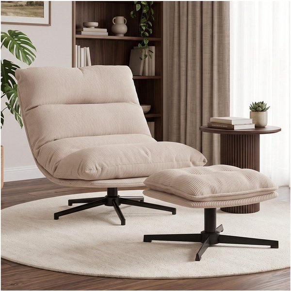 skølm Relaxsessel Hnoss mit Steppnähten, ausklappbar 4 Positionen, 360°drehbar, Cord (beige mit Hocker), Loungesessel mit Fußablage, gepolstert, verstellbare Rü