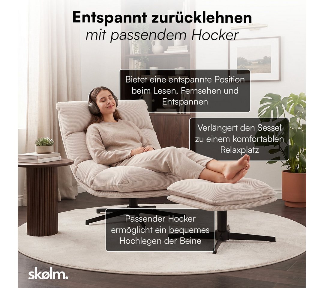 skølm Relaxsessel Hnoss mit Steppnähten, ausklappbar 4 Positionen, 360°drehbar, Cord (beige mit Hocker), Loungesessel mit Fußablage, gepolstert, verstellbare Rü – Bild 2 von 5
