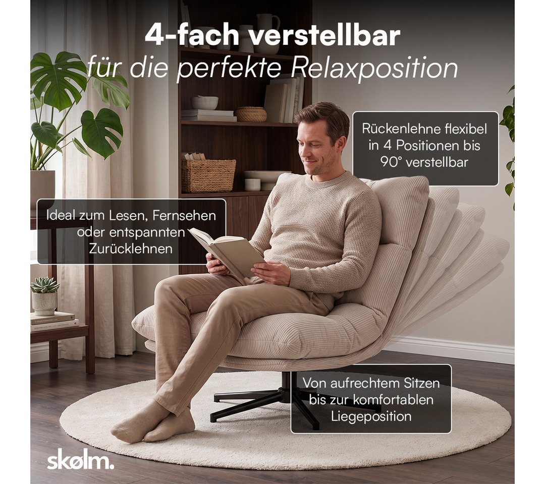 skølm Relaxsessel Hnoss mit Steppnähten, ausklappbar 4 Positionen, 360°drehbar, Cord (beige mit Hocker), Loungesessel mit Fußablage, gepolstert, verstellbare Rü – Bild 3 von 5