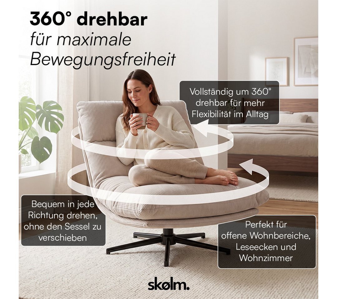 skølm Relaxsessel Hnoss mit Steppnähten, ausklappbar 4 Positionen, 360°drehbar, Cord (beige mit Hocker), Loungesessel mit Fußablage, gepolstert, verstellbare Rü – Bild 4 von 5