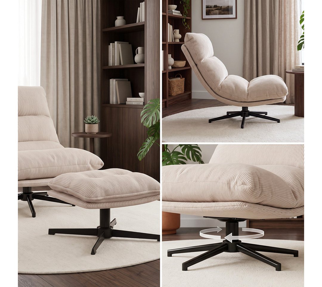 skølm Relaxsessel Hnoss mit Steppnähten, ausklappbar 4 Positionen, 360°drehbar, Cord (beige mit Hocker), Loungesessel mit Fußablage, gepolstert, verstellbare Rü – Bild 5 von 5