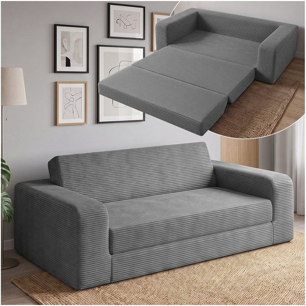 skølm Schlafsofa Laga aus Cord, Sofa 2 Sitzer mit Armlehnen, als Gästebett nutzbar, Dunkelgrau, ausklappbare Schlafcouch 186x135 cm, vakuumiert – ohne Aufbau