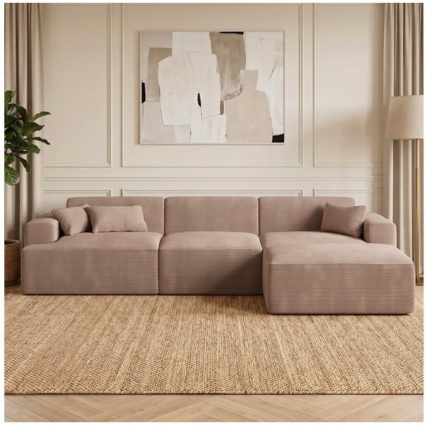 skølm Sofa Freki aus Cord, Vollschaumcouch mit Federkern und Vakuum-Kompression, Taupe, Couch 3 Sitzer mit Hocker und 3 Kissen, kein Aufbau erforderlich, 319 cm