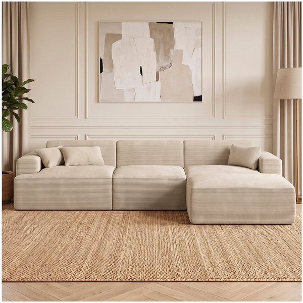 skølm Sofa Freki aus Cord, Vollschaumcouch mit Federkern und Vakuum-Kompression, Beige, Couch 3 Sitzer mit Hocker und 3 Kissen, kein Aufbau erforderlich, 319 cm