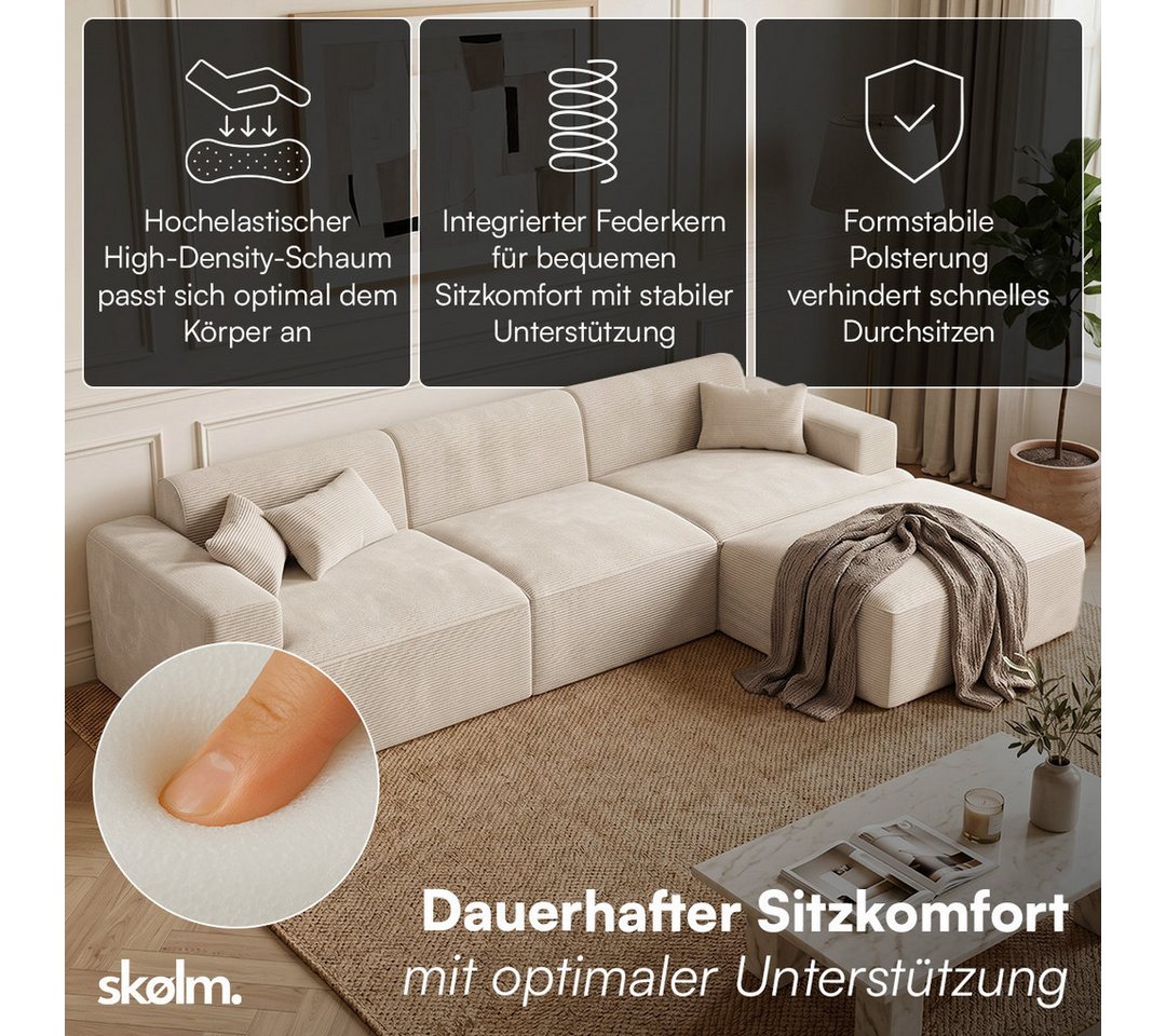 skølm Sofa Freki aus Cord, Vollschaumcouch mit Federkern und Vakuum-Kompression, Beige, Couch 3 Sitzer mit Hocker und 3 Kissen, kein Aufbau erforderlich, 319 cm – Bild 2 von 5