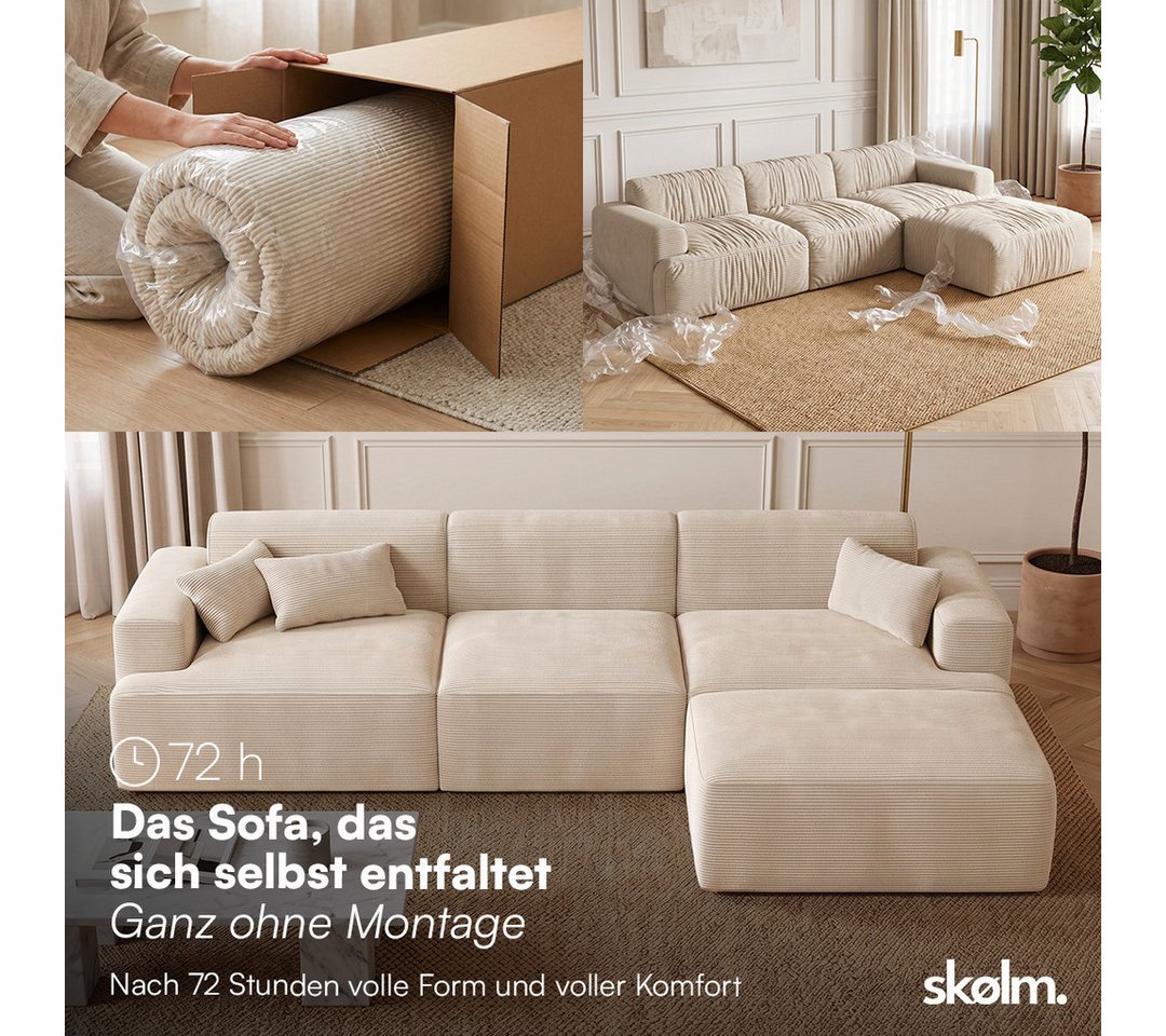 skølm Sofa Freki aus Cord, Vollschaumcouch mit Federkern und Vakuum-Kompression, Beige, Couch 3 Sitzer mit Hocker und 3 Kissen, kein Aufbau erforderlich, 319 cm – Bild 3 von 5