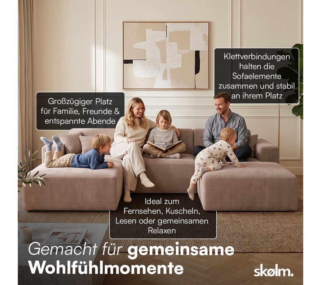 skølm Sofa Freki aus Cord, Vollschaumcouch mit Federkern und Vakuum-Kompression, Taupe, Couch 3 Sitzer mit 2 Hocker und 3 Kissen, kein Aufbau erforderlich, 319  – Bild 2 von 5