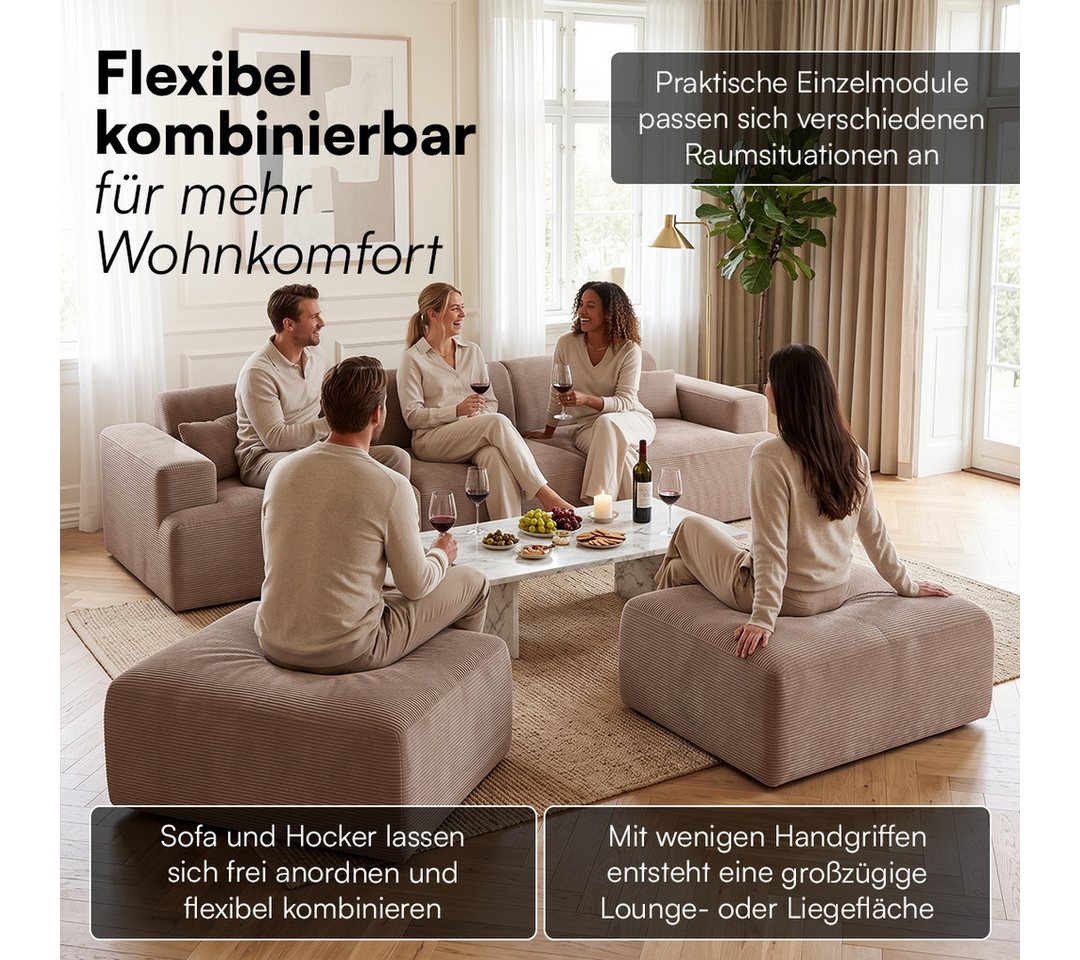 skølm Sofa Freki aus Cord, Vollschaumcouch mit Federkern und Vakuum-Kompression, Taupe, Couch 3 Sitzer mit 2 Hocker und 3 Kissen, kein Aufbau erforderlich, 319  – Bild 5 von 5
